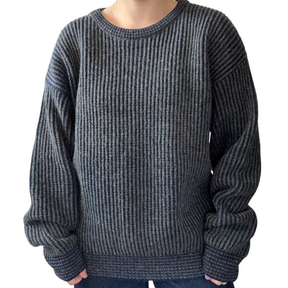 Vintage Mens Navy Blue Gray Ribbed 100% Wool Oversized Crew Neck Sweater Sz 1XL - Picture 2 of 9